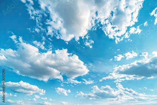 A tranquil landscape with electric blue sky and fluffy white cumulus clouds