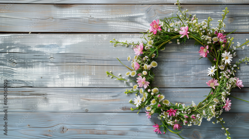 Pink and white wreath on wooden background Pink and white wreath on wooden background