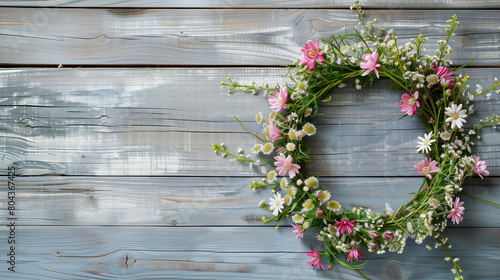 Pink and white wreath on wooden background