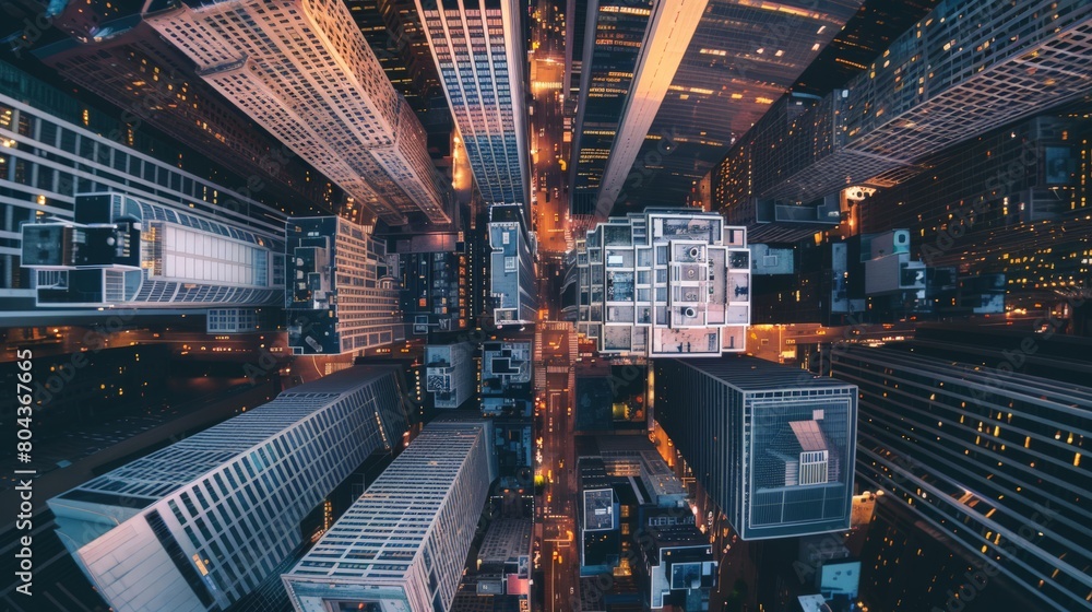 Fototapeta premium Overhead view of city streets at night, representing busy urban financial centers