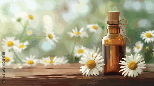Bottle of essential oil with chamomile flowers on woo