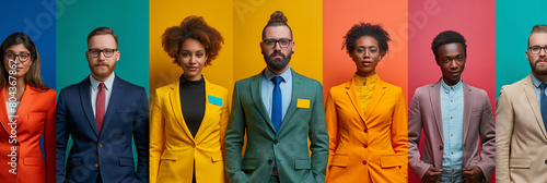 Professional diversity portrait lineup. A group of seven diverse professionals lined up against colorful backgrounds, conveying unity in diversity, perfect for corporate inclusivity campaigns