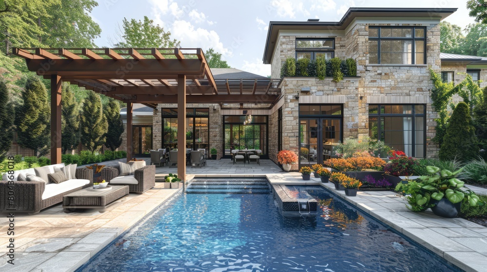 Backyard living space with outdoor furniture next to pool under a pergola Genrative AI
