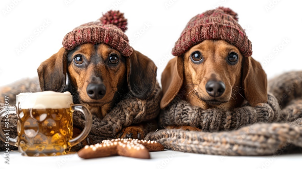 bavarian dachshund or sausage dogs couple with gingerbread and mug isolated on white background , ready for the beer celebration festival in munich Genrative AI