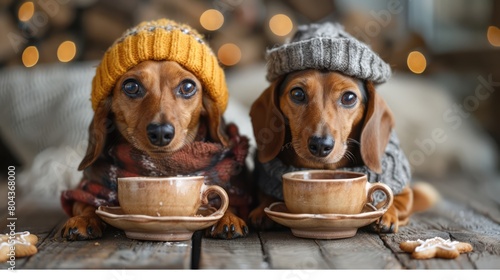 bavarian dachshund or sausage dogs couple with gingerbread and mug isolated on white background , ready for the beer celebration festival in munich Genrative AI photo