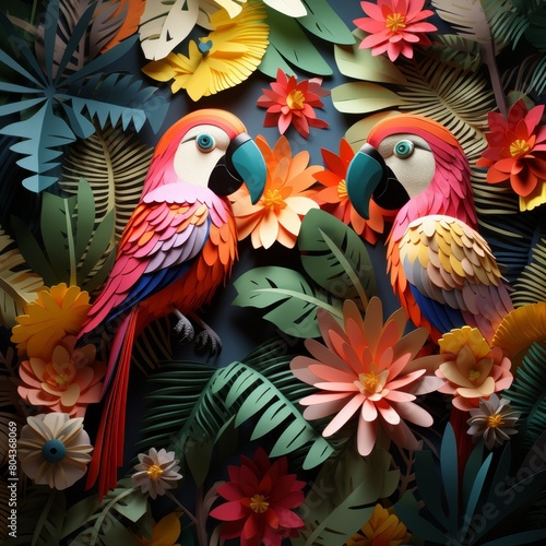 A beautiful illustration of two parrots in a jungle setting  made of paper and vibrant colors.