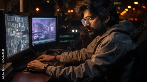 Indian game designer creating characters and worlds for adventure game in diverse office photo