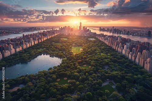 Aerial helicopter photograph over Central Park showing families picnicking and relaxing on a field, framed by Manhattan skyscrapers under the warm glow of a sunset.
