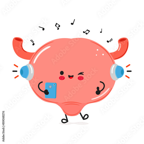 Bladder listens to music on headphones with a smartphone. Vector hand drawn cartoon kawaii character illustration icon. Isolated on white background. Bladder character concept