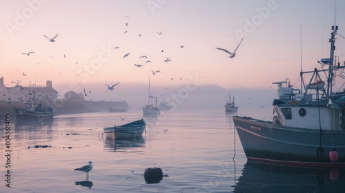 The serene beauty of a port city at dawn, with fishing boats bobbing gently on the calm waters of the harbor and seagulls soaring gracefully overhead photo