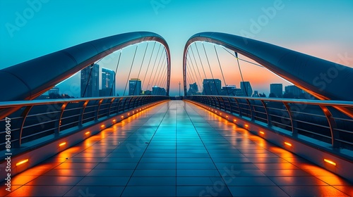 Captivating Pedestrian Bridge Linking Dynamic Cultural Districts at Dazzling Nightfall in Futuristic Cityscape photo