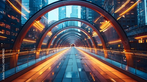 Vibrant Futuristic Pedestrian Bridge Linking Dynamic Urban Districts with Dazzling Illumination photo