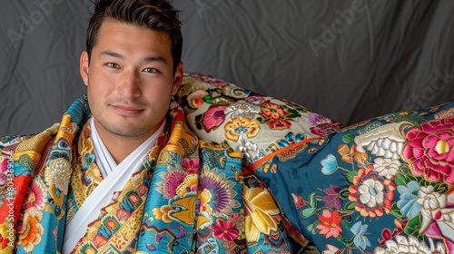 Portrait of a Japanese sumo wrestler with bright colors.