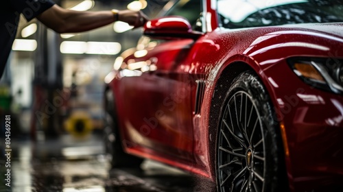 Professional detailer cleaning red performance car with high pressure water at auto shop © sorin