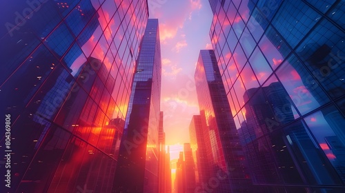 Breathtaking Sunset Over a Sleek Modern Cityscape with Towering Glass Skyscrapers