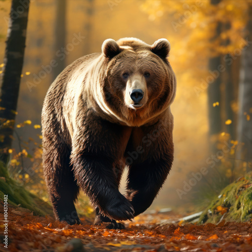 brown bear walking in the autumn forest. Wildlife scene from nature.