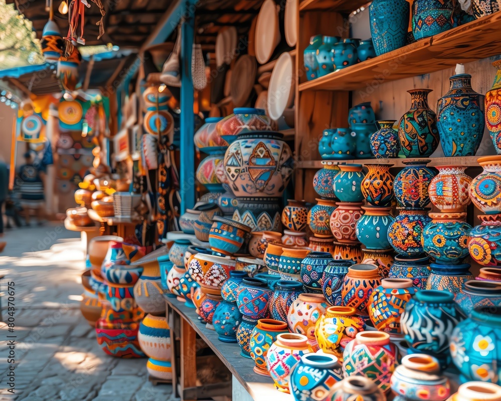 Handmade crafts at a local market, artisans displaying their skills and colorful creations