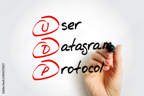 UDP - User Datagram Protocol is one of the core members of the Internet protocol suite, acronym text concept with marker photo
