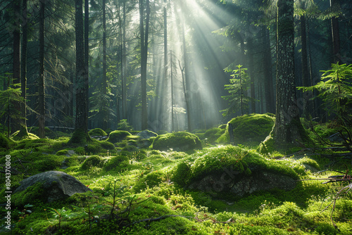 A tranquil forest scene with sunlight filtering through the canopy onto moss-covered rocks  isolated on solid white background.