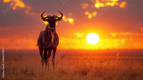 Blue wildebeest (Connochaetes taurinus) stands on sunset horizon silhouetted, Serengeti; Tanzania photo