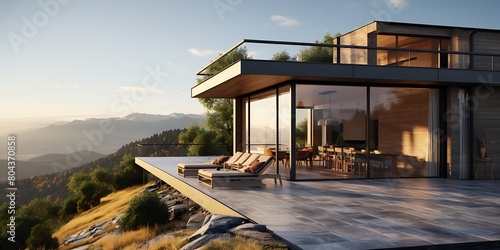 3d rendering of modern cozy house with pool and parking for sale or rent. Beautiful mountain landscape in the background.