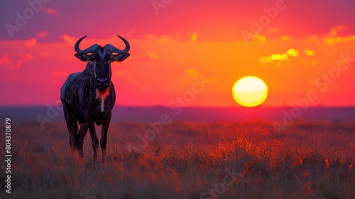 Blue wildebeest (Connochaetes taurinus) stands on sunset horizon silhouetted, Serengeti; Tanzania