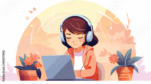 Little girl in headphones using tablet computer at