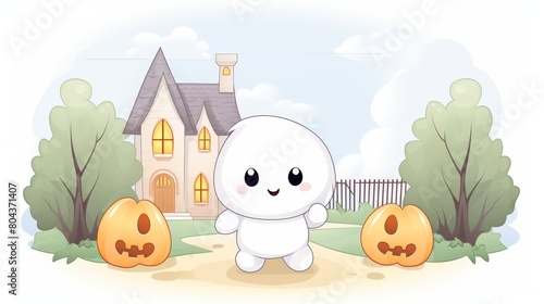 A cute Kawaii ghost standing in front of a haunted house with two pumpkins.