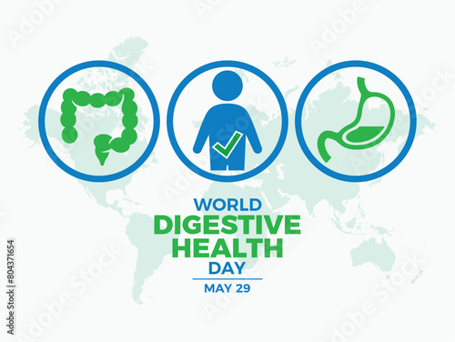 World Digestive Health Day poster vector illustration. Healthy stomach and intestines icon set vector. Gut health symbol. Template for background, banner, card. May 29 every year. Important day