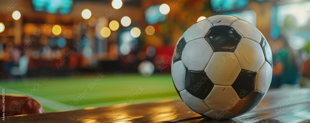 Fototapeta premium A soccer ball on a table in a pub. Broadcast of football matches in the bar. The fan club. Sports bar