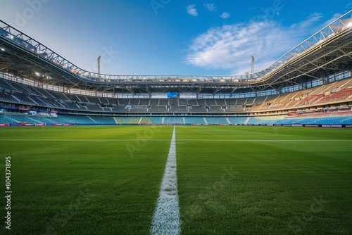 View of an empty football stadium, stands. A sports facility. A playground for the game. Modern architecture