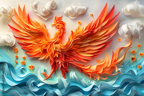 Majestic Paper Phoenix Sculpture Rising from Fiery Waves Against Ethereal Sky