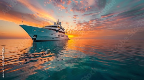 Luxury yacht sailing at sunset, epitome of wealth and leisure on crystal clear waters