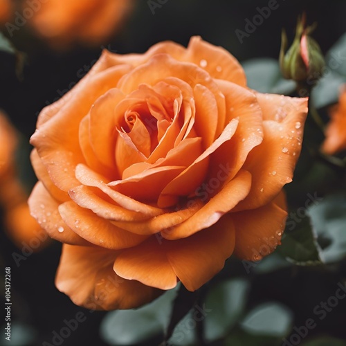 AI generated illustration of an orange rose with water droplets glistening in the sunlight