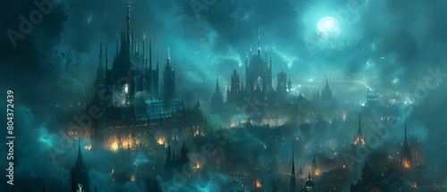 An atmospheric view of an imperial palace bathed in ethereal moonlight, its intricate spires and towers adorned with arcane symbols, radiating an aura of ancient mystery and eldritch power photo