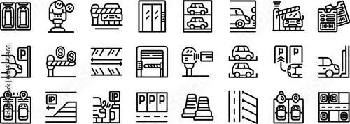 Underground parking lot icons set outline vector. Urban garage. City house