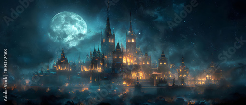 An atmospheric view of an imperial palace bathed in ethereal moonlight, its intricate spires and towers adorned with arcane symbols, radiating an aura of ancient mystery and eldritch power © Prapat