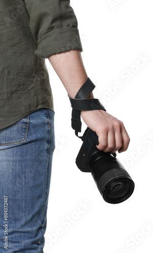 Photographer holding modern camera on white background, closeup © New Africa