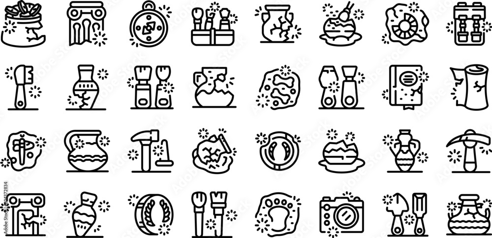Excavation tools icons set outline vector. Inventory ancient. Antique treasures