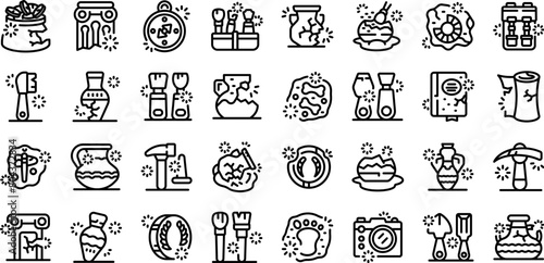Excavation tools icons set outline vector. Inventory ancient. Antique treasures