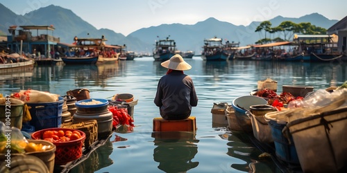 Vietnamese man sitting on a boat in the sea