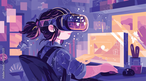 Little girl with virtual reality glasses at home 2d