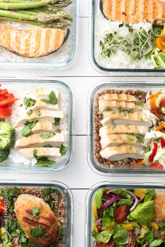 Healthy meal. Containers with different products on white wooden table, flat lay © New Africa