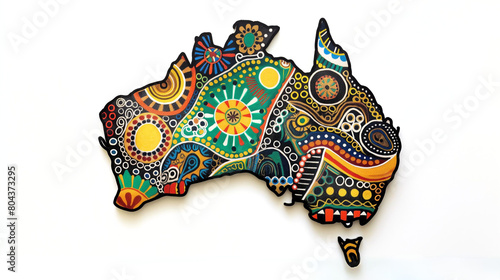 Abstract Map of Australia in Vibrant Aboriginal Art Style on White Background