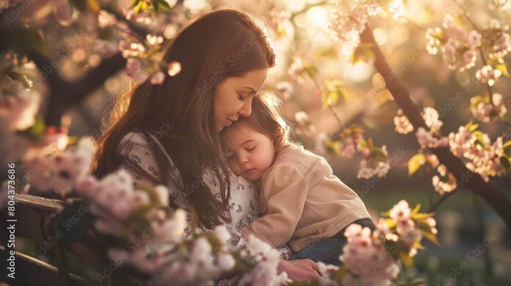 Mother with child sharing a tender moment, a young woman with long brunette hair Mother with child sharing a tender moment, a young woman with long brunette hair