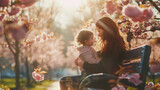 Mother with child sharing a tender moment, a young woman with long brunette hair gently holding her toddler, they're sitting on a park bench