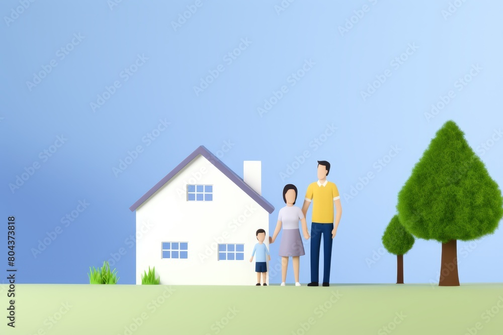 A family of three, consisting of a father, a mother, and a son, standing in front of their house. A family of three, consisting of a father, a mother, and a son, standing in front of their house.