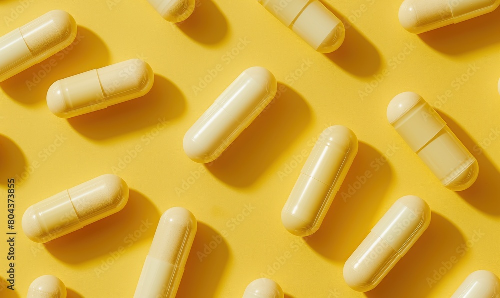 The tablet is a capsule on a yellow background. The concept of medicine. vitamins, dietary supplements for humans, maintenance of immunity and health The tablet is a capsule on a yellow background. The concept of medicine. vitamins, dietary supplements for humans, maintenance of immunity and health