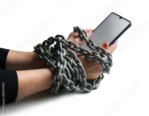 Hands tied with a chain to the phone