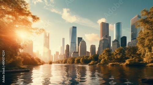 Central park aerial view  nature  picnic  and skyscrapers at sunset in manhattan